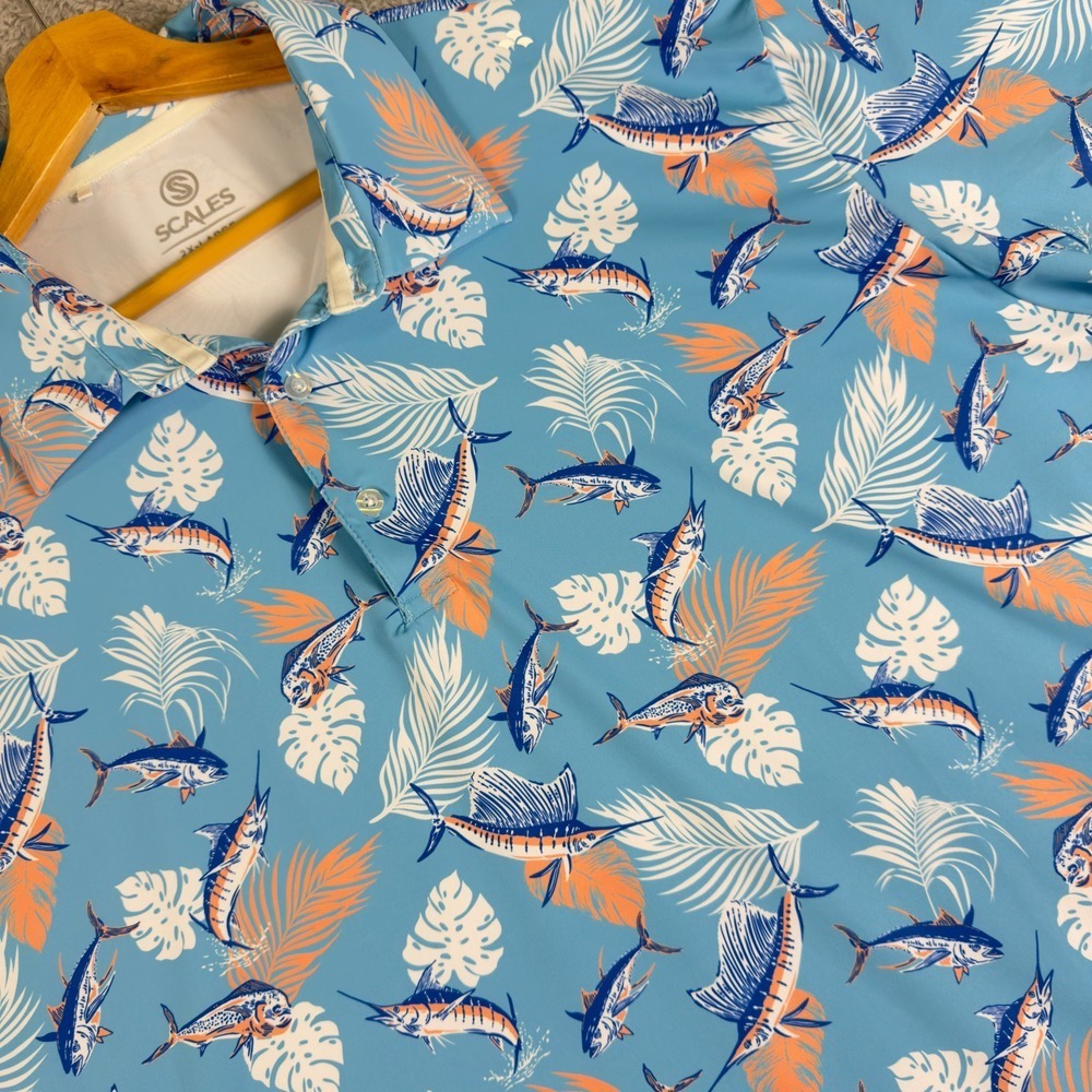 Scales Mens 2XL Performance Polo Shirt Blue Tropical Fish Marlin Palm Print